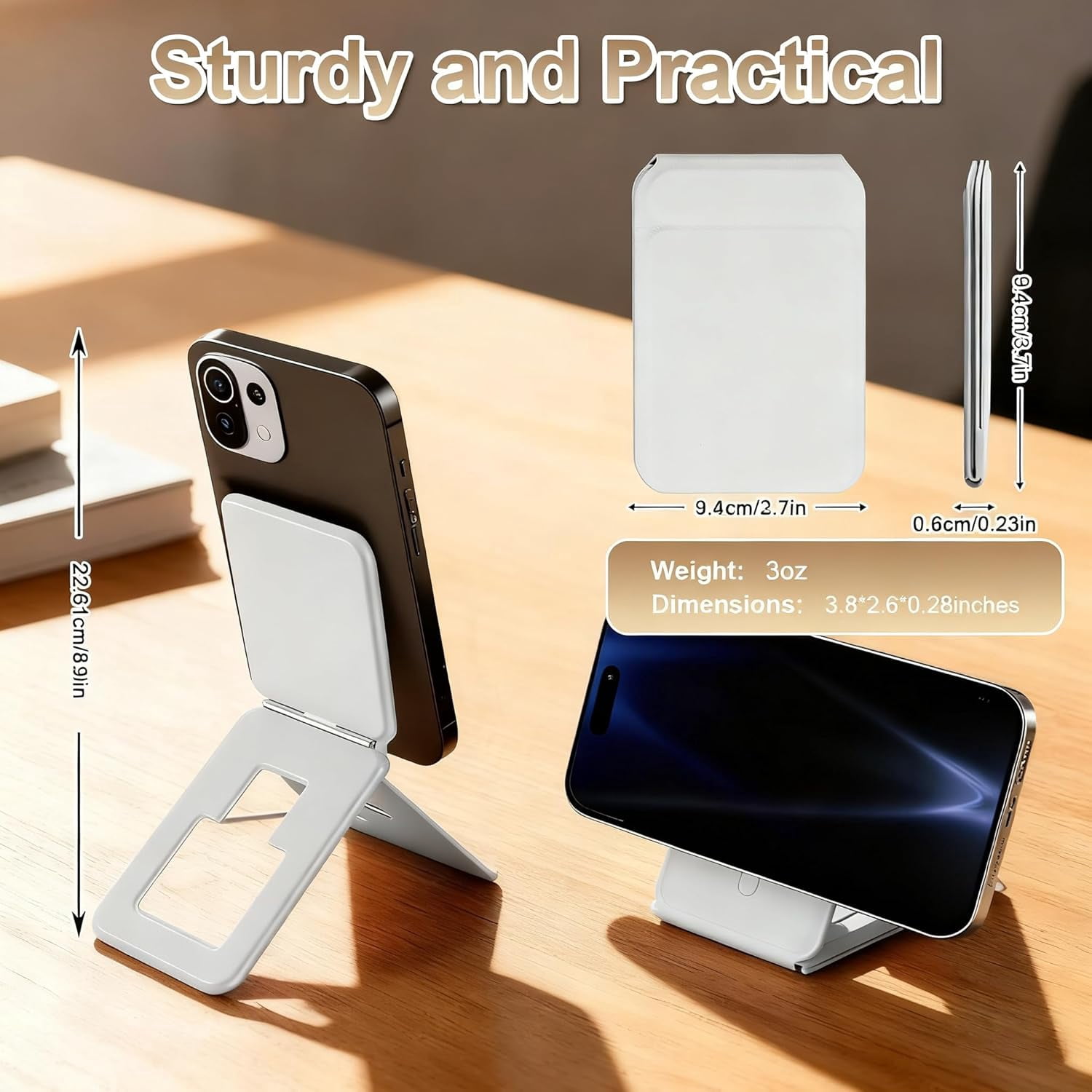 Magnetic Phone Stand, Compatible with All Smartphones 17/16/15/14/13/12 Series, Slim PU Leather Desk Stand with Angle Adjustment, Portable & Includes 1 Strong Magnetic Ring for Any Phone (White)