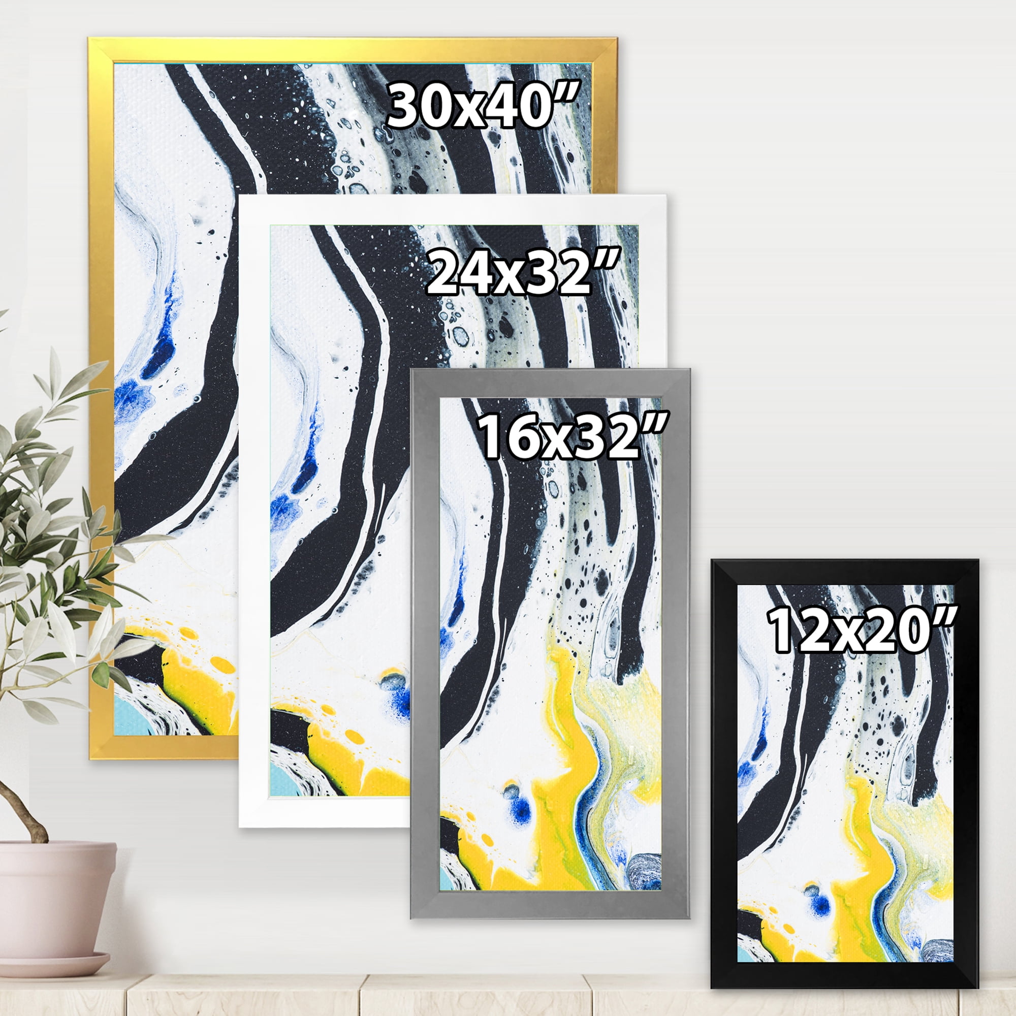 Designart 'Abstract Marble Composition In Blue and Yellow IV' Modern Framed Art Print