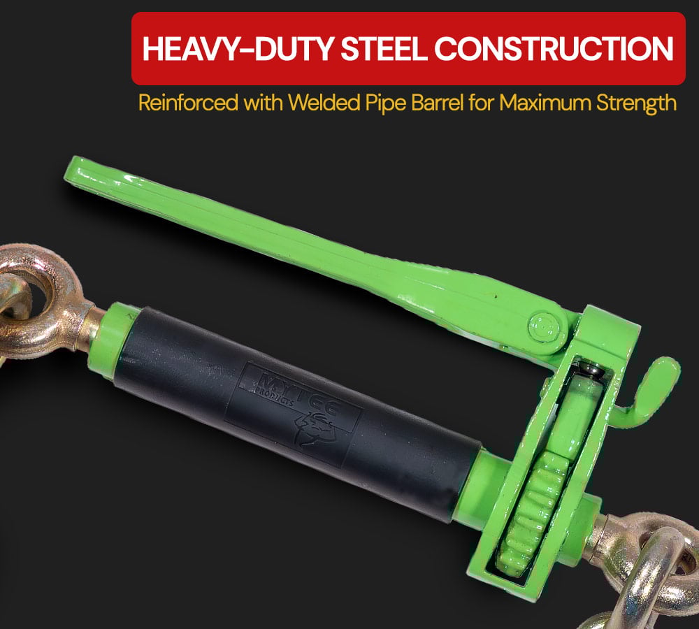 thumbnail image 3 of 4 Pack 3/8"-1/2" Hi-Viz Green Heavy Duty Folding Handle Ratchet Chain Binder w/ 1/2" Grab & Slip Hook 12,000 lbs WLL | Tie Down Hauling Load Chain Binders for Flatbed Truck Trailer, 3 of 16