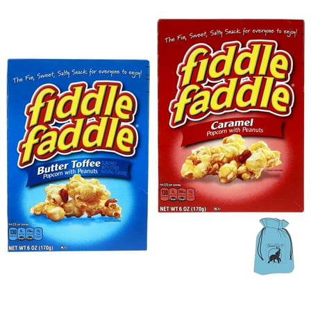 (2-Pack) Fiddle Faddle Popcorn with Peanuts, 6oz (Butter Toffee & Caramel) Sweet Crunchy Snack Mix with Bonus EBK Essential Bag