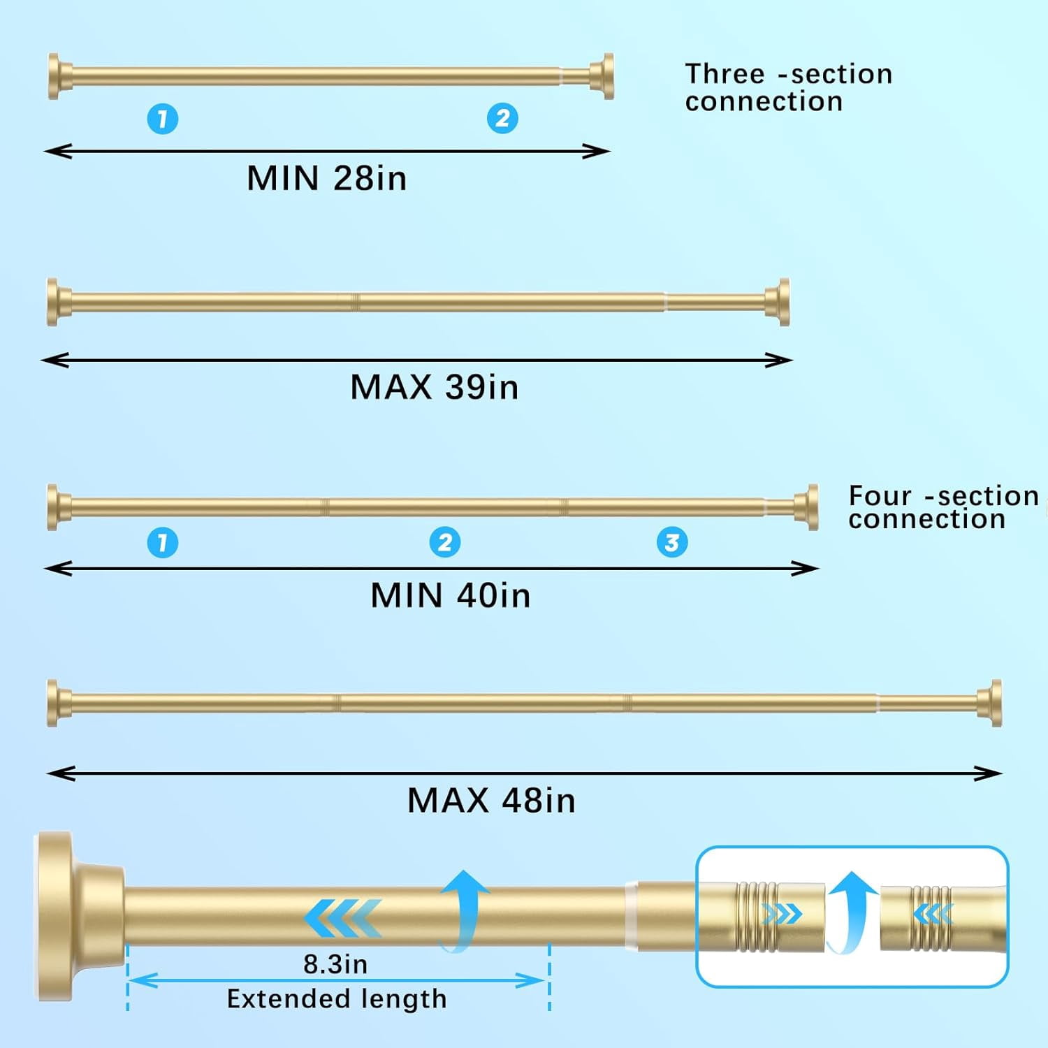 Tension Curtain Rod 28 to 48 Inch, 1pcs Tension Rod 1 Inch Diameter Gold Small Shower Curtain Rod Adjustable Non-Drilling, Anti-Slip, Anti-Rust Spring Loaded Curtain Rods