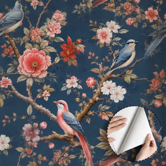Vintage Chinoiserie Floral Bird Wallpaper Rustic Farmhouse Peel and Stick Waterproof Wallpaper Home Decor for Living Room Bedroom Bathroom Kitchen Cabinet Drawer Dorm Room 17.7 * 118 in