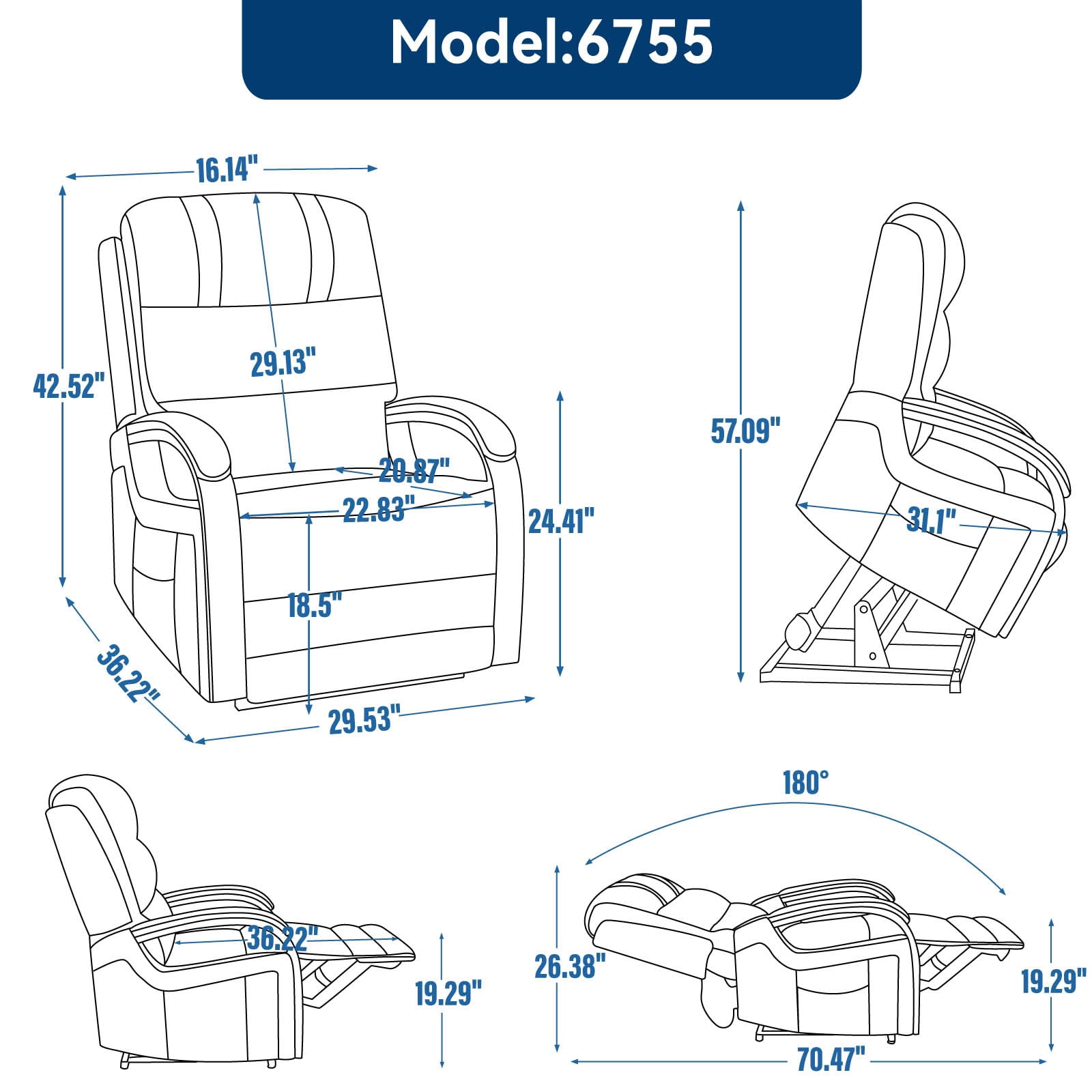 MAYEERTY Blue Chenille Dual Motor Power Lift Recliner, 350lbs Solid Wood Armrest Massage Heat 30"x36"x43" for Elderly