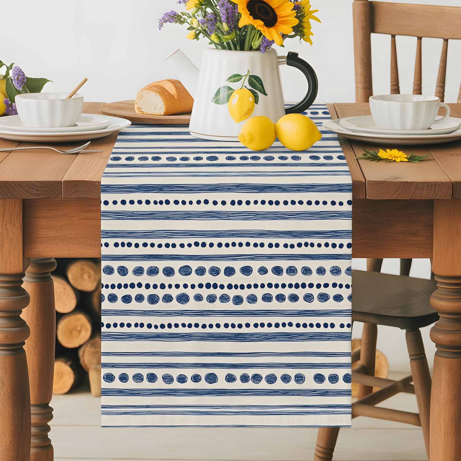 Modern Geometric Blue Stripe Dot Table Runner 90 Inches Long, Abstract Line Graffiti Beige Table Runners Tabletop Scarf Kitchen Dining Tables Decoration for Home Party Indoor Outdoor