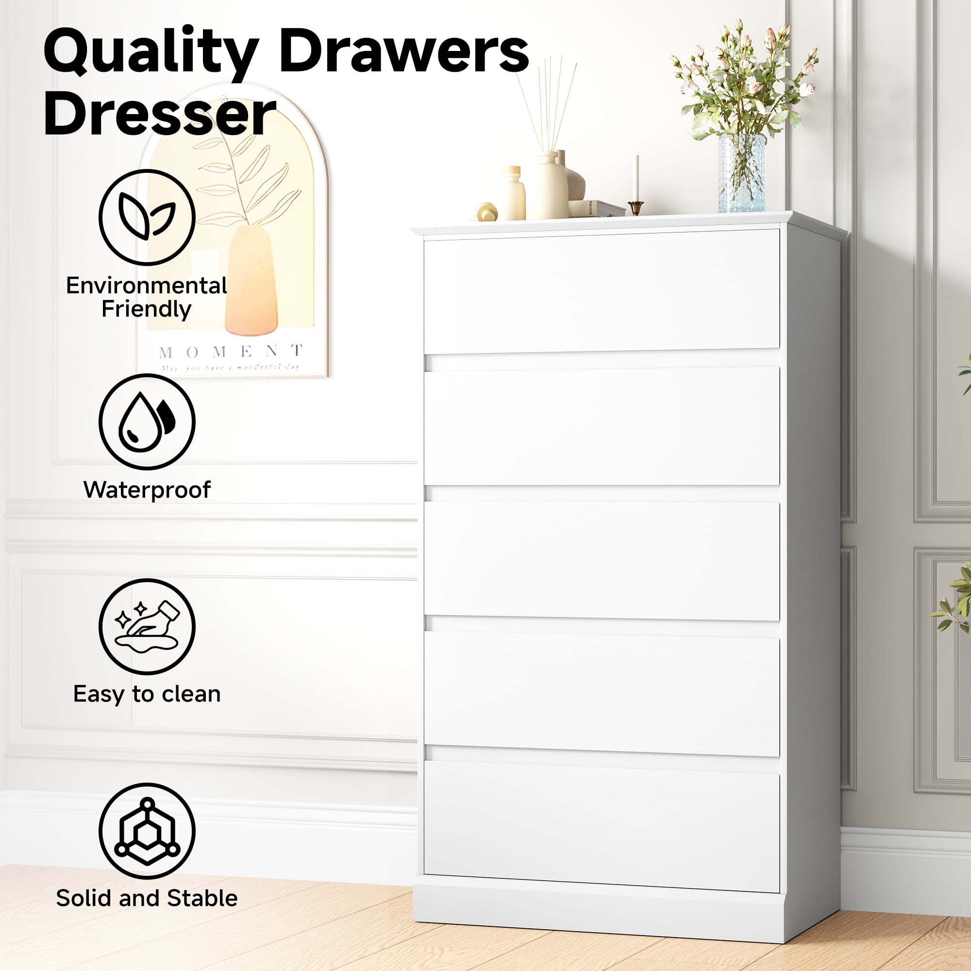 5 Drawer Dresser for Bedroom, 15.8" D x 27.6" W x 48.4" H in Simply Modern Chest of Drawers, Wood Storage Dresser with Deep Drawers for Living Room Hallway Entryway, White