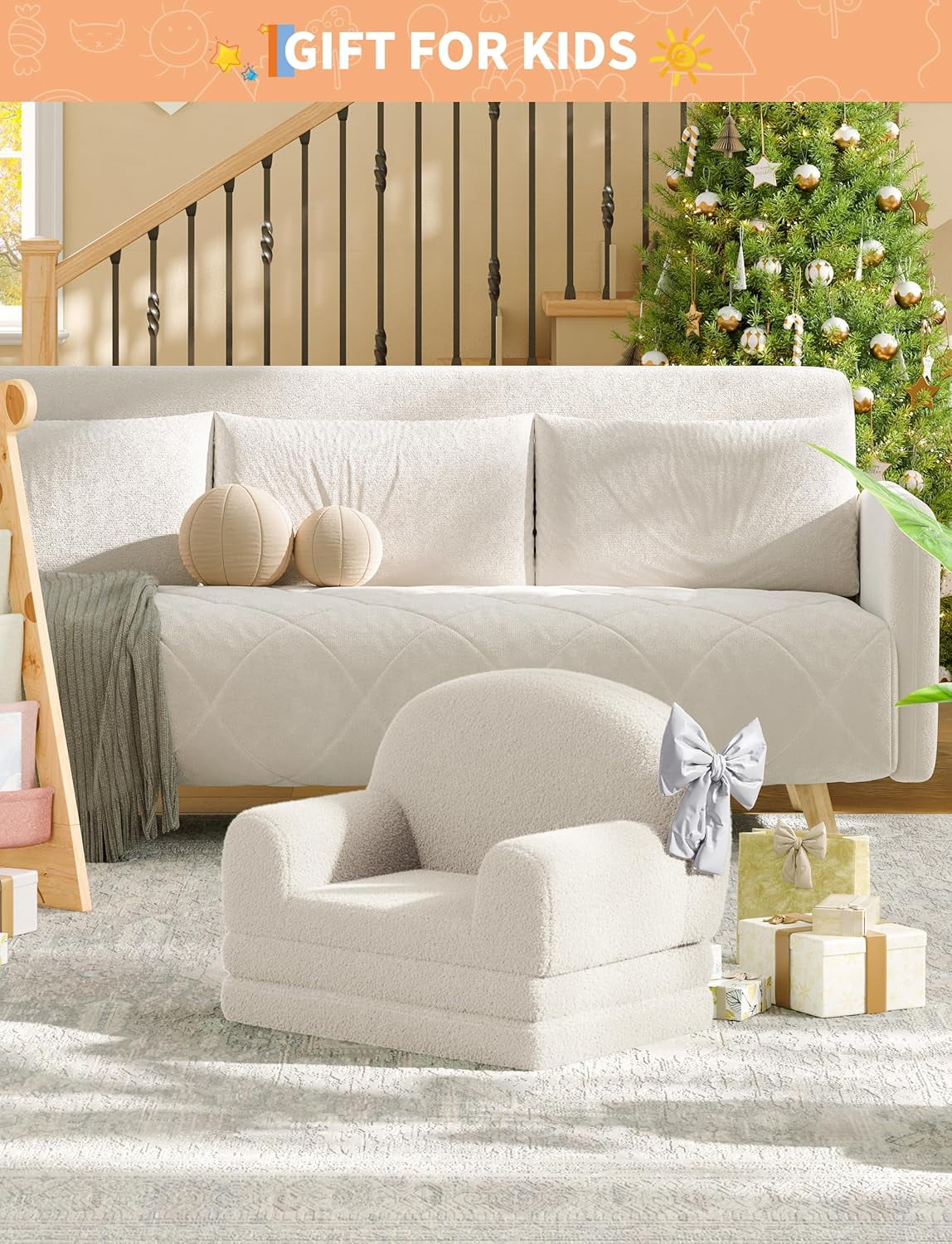 Kids Couch, 2-in-1 Convertible Teddy Fleece Fabric Toddler Sofa Chair, Soft Fold Out Couch Lounger for Kids, Comfy Children's Sofa Bed for Playroom, Nursery, Birthday Gift (White Moon)