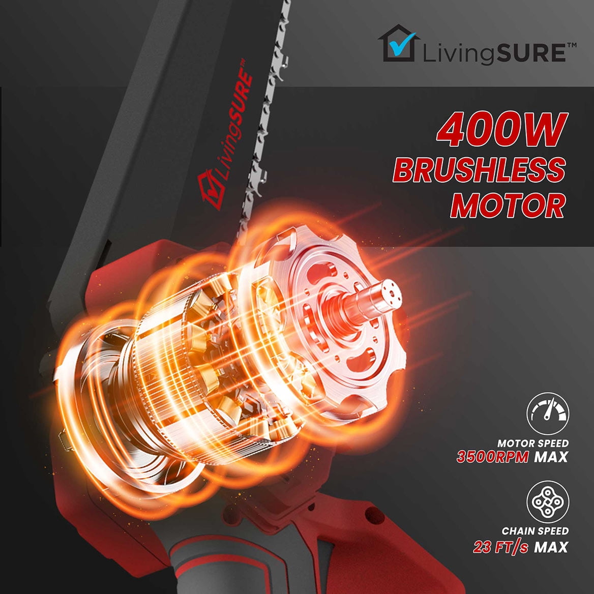 8" Cordless Mini Chainsaw by LivingSURETM Portable Cordless Electric Chain Saw, Rechargeable Battery Power Cutting Handheld Saw -Tree Branch Wood Cutting, Gardening Tool – Battery Not Included