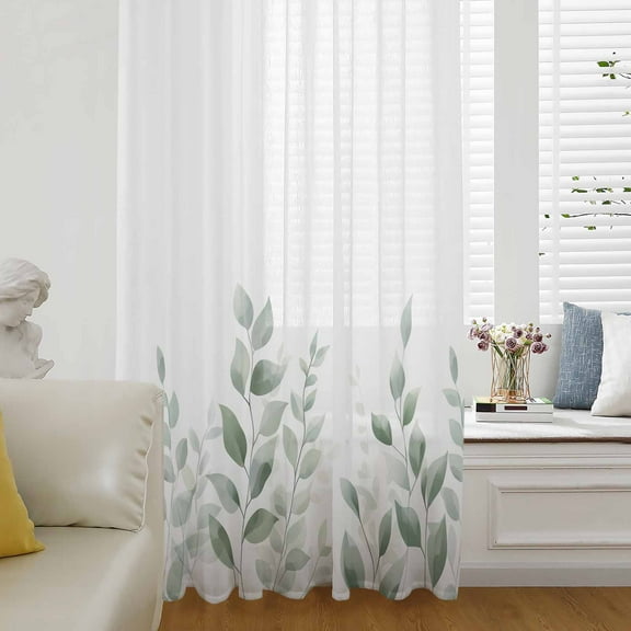 Sage Green Botanical Semi Sheer Curtains Drapes for Living Room, Bedroom, French Doors Window 108 Inches Long, Pastoral Leaf Watercolor Rod Pocket Chiffon Curtain Drapery Voile Draperies Panel
