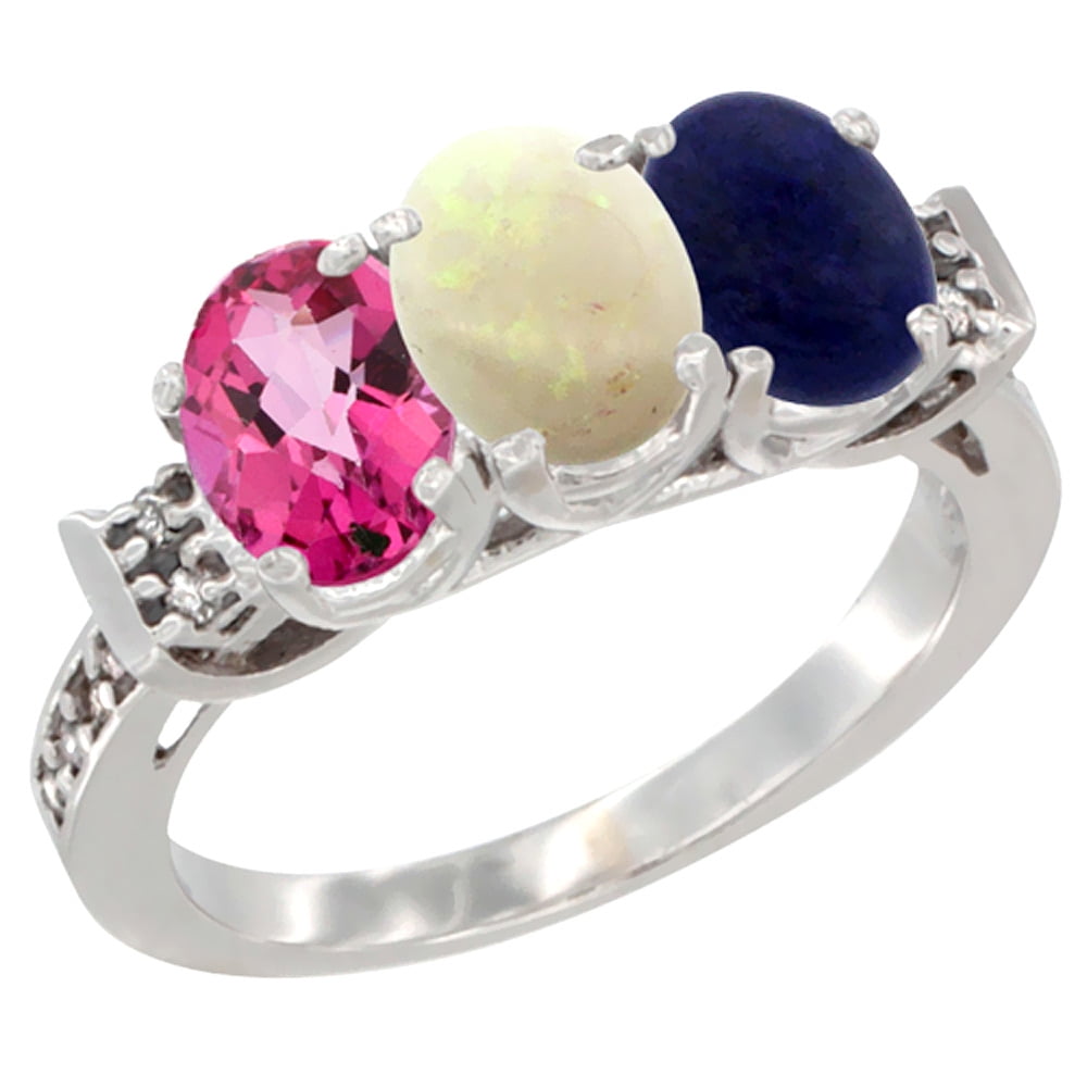 10K White Gold Natural Pink Topaz, Opal & Lapis Ring 3-Stone Oval 7x5 mm Diamond Accent, sizes 5 10 by WorldJewels
