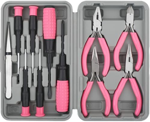 11pc Pink Womans Compact Crafts & Home DIY Repair Hand Tool Kit Set with Pliers, Cutters and Precision Screwdrivers for Ladies