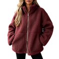 thumbnail image 2 of FASHOFT Fuzzy Fleece Jackets for Women Fall Winter Warm Long Sleeve Sherpa Coats Casual Full Zip Up Outerwear with Pockets Red XL, 2 of 4