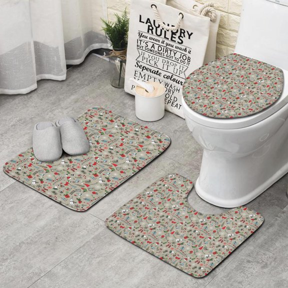 Gray Christmas Icon Pattern Bathroom Rugs Sets 3 Piece,Toilet Cover Set,Absorbent Non Slip Bathroom Mats Sets with U-Shaped Contour Rug Toilet Rug Set