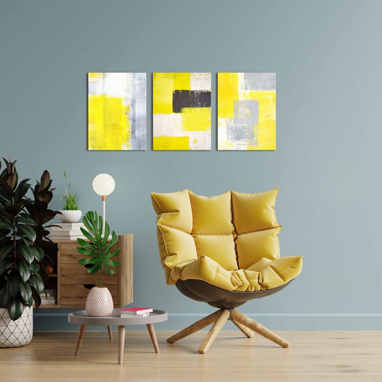3 Piece Yellow and Grey Canvas Wall Art Abstract Wall Art & Living