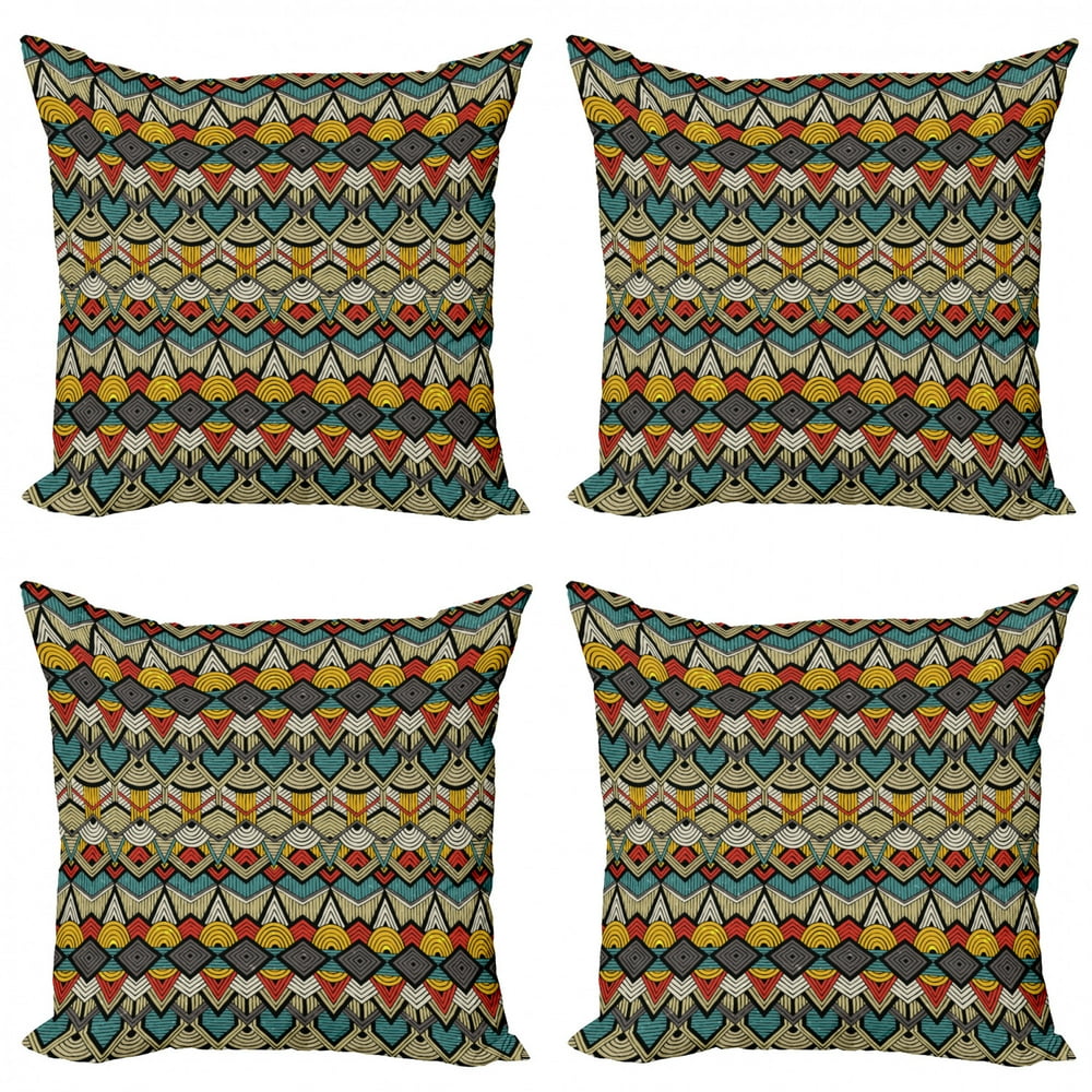 African Throw Pillow Cushion Case Pack of 4, Chevron Zigzags and Half