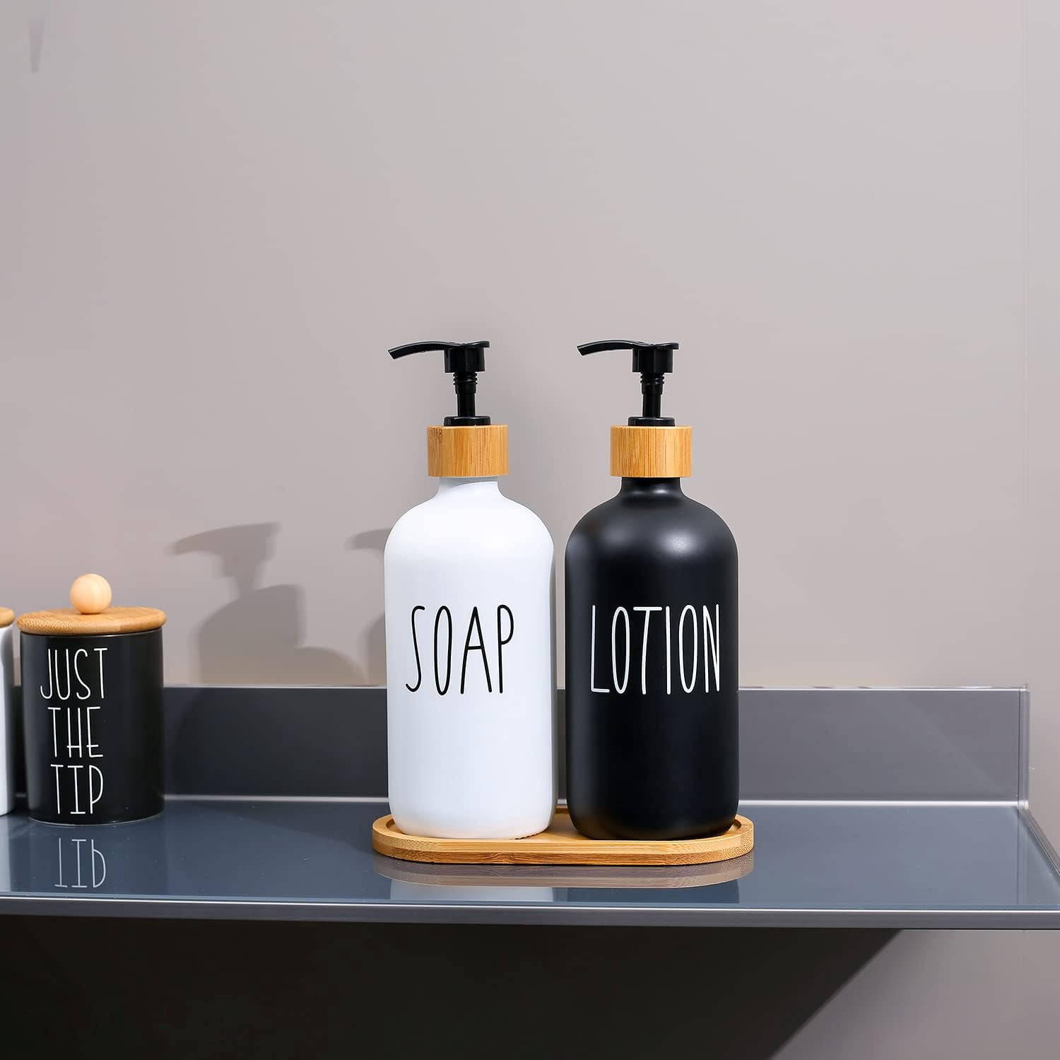 WOVTE Glass Lotion and  Soap Dispenser Set, Bathroom Soap Dispenser Set with Tray, Suitable for Bathroom Accessories, Housewarming Gift, Countertop Decor, Modern Bathroom Decor (Black&White, 16oz)