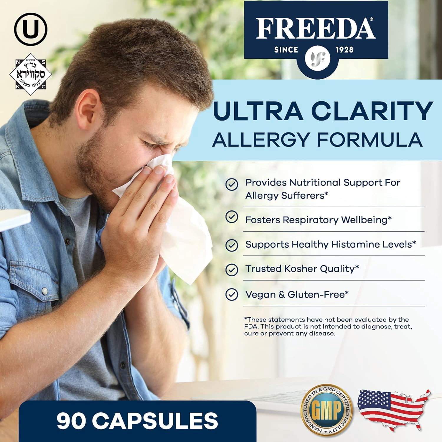 Freeda Ultra Clarity Allergy Support with Quercetin, Bromelain & Nettle | Non-Drowsy, Vegan, Kosher, Gluten Free | 90 Capsules
