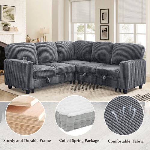 Howcool Modular Sectional Sleeper Sofa, 81" L-Shaped Oversized Cloud Couch with Pull-Out Bed, 5-Seat Corduroy Sofa with Storage Chaise, USB Charging and Cup Holders for Living Room Apartment,Gray