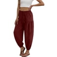 thumbnail image 4 of Lounge Pants Women Elastic Waisted Loose Casual Pants Fashion Cotton Linen Cuffed Trousers with Drawstring Wine S, 4 of 6
