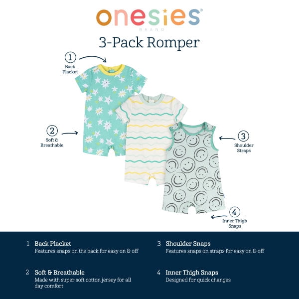 Onesies Brand Baby Boy Short Sleeve and Sleeveless Rompers, 3-Pack, Sizes 0/3 Months - 24 Months