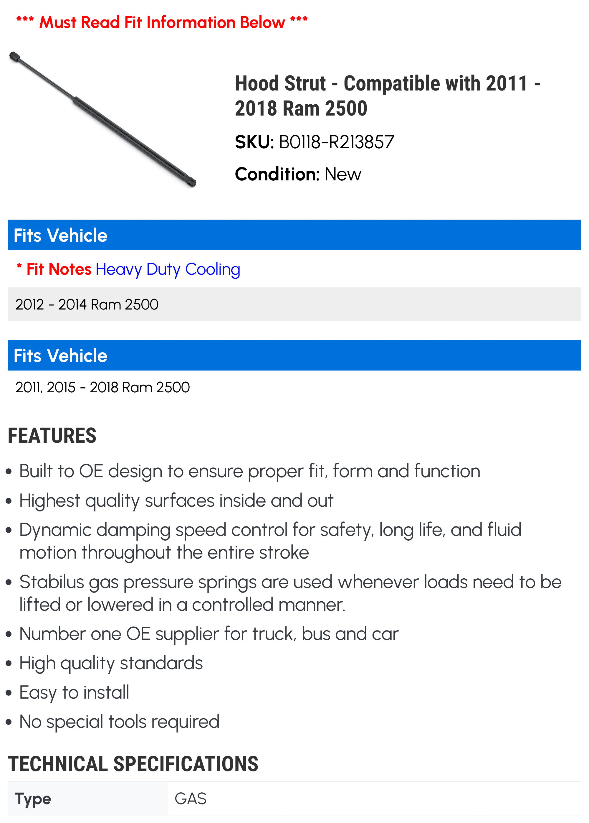 Hood Strut - Compatible with 2011 - 2018 Ram 2500 2012 2013 2014 2015 2016 2017