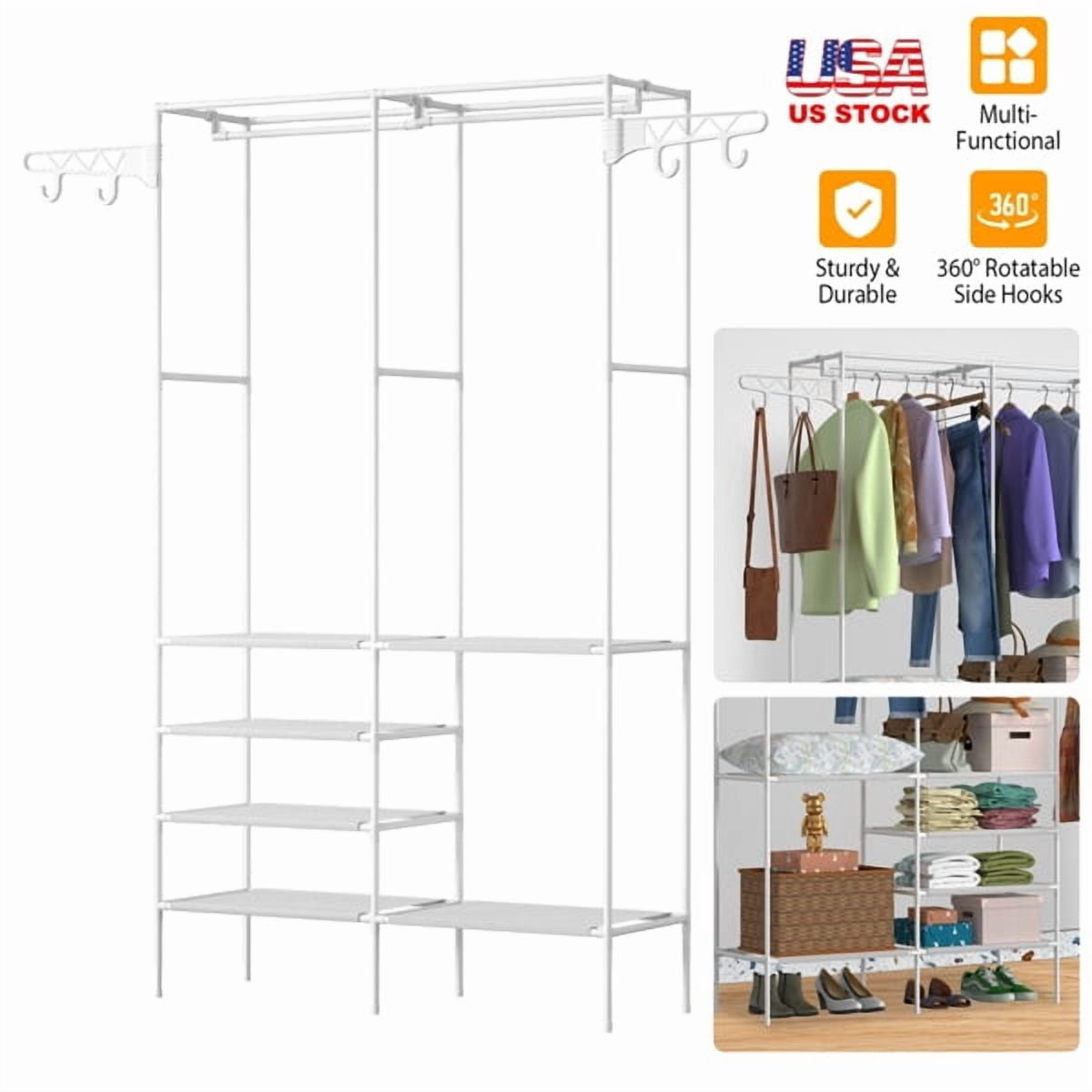 White Heavy Duty 66" Garment Rack Clothes Organizer - 2 Hanging Rods, 4 Shelves, 360° Hooks, Tool-Free Assembly for Bedroom & Laundry Room Storage