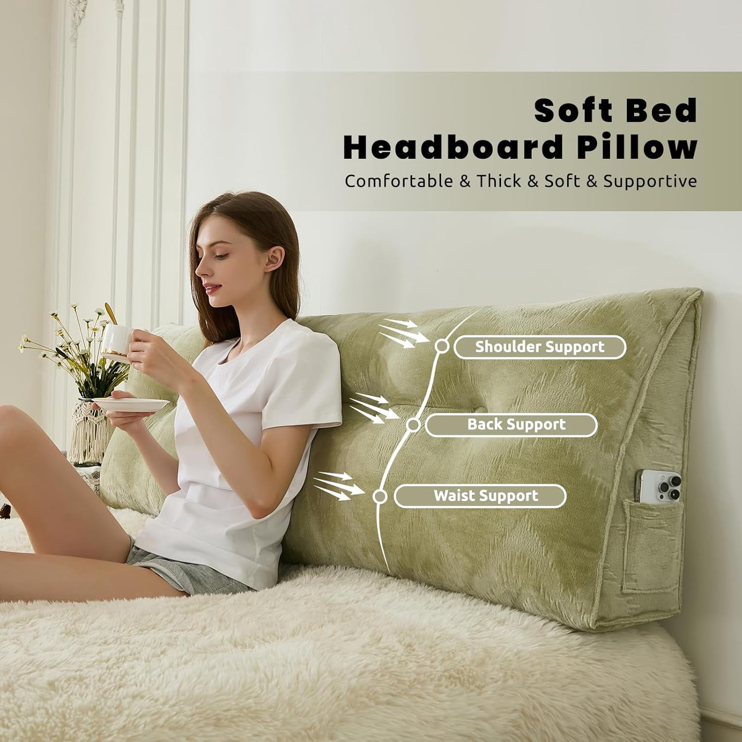 Headboard Pillow for Bed,Triangular Wedge Pillow Headboard Soft Support While Reading and Resting,Bed Bolster Cushion Headboard with Removable Cover, Queen (59"x8"x20")