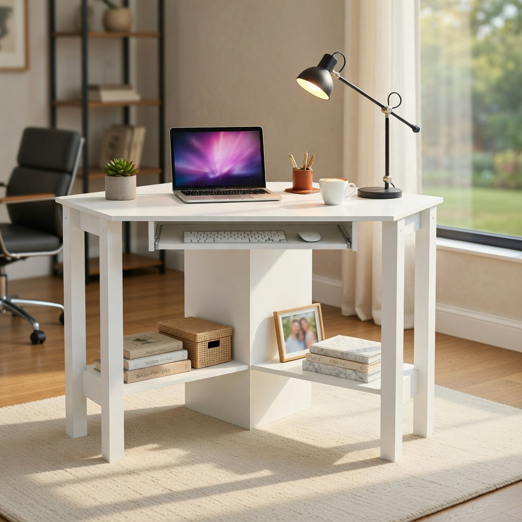 Yardi Yard Wooden Study Computer Corner Desk with Drawer-White, Computer Desk, Gaming Computer Desks for Study,Working,Writing