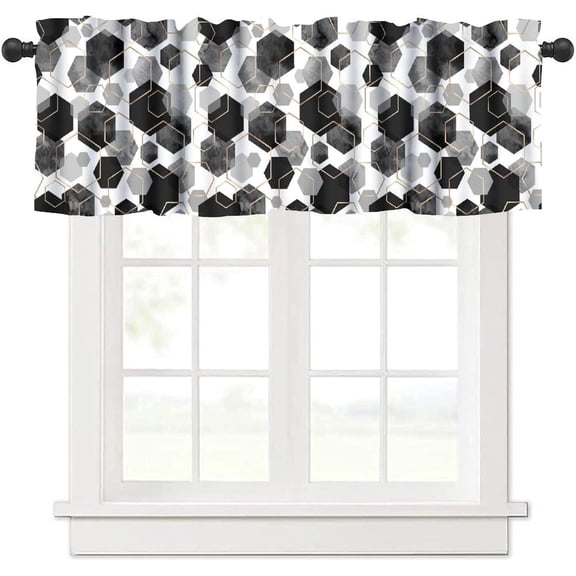 Black Valance Curtain Black Grey Abstract Geometric Modern Grid Pattern Minimalist Rod Pocket Valance Window Treatments Short Curtains for Kitchen Bathroom Farmhouse 54x18inch