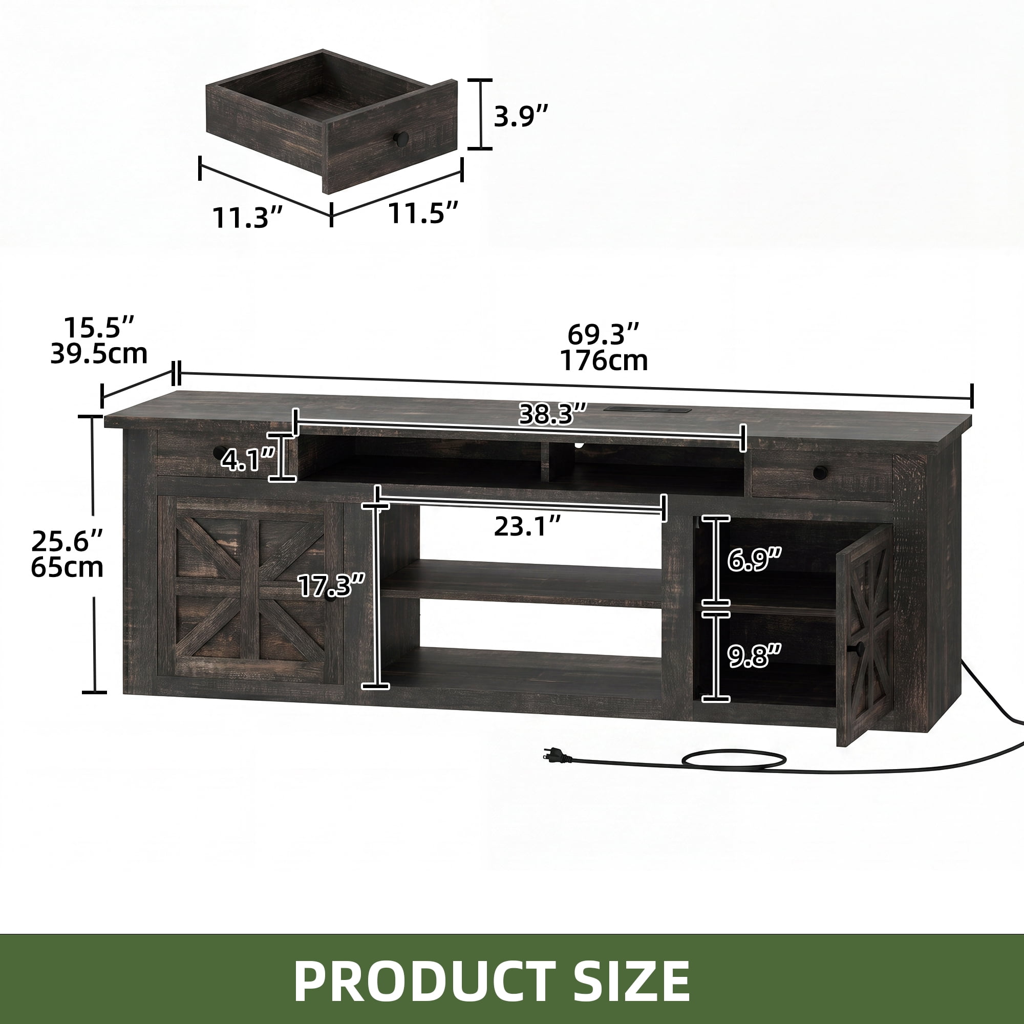 Uforic 70 Inch Dark Rustic Oak Farmhouse TV Stand, Entertainment Center with Power Outlet, Suitable for TVs Up to 80 Inches, TV Console with Storage Drawer and Adjustable Partition