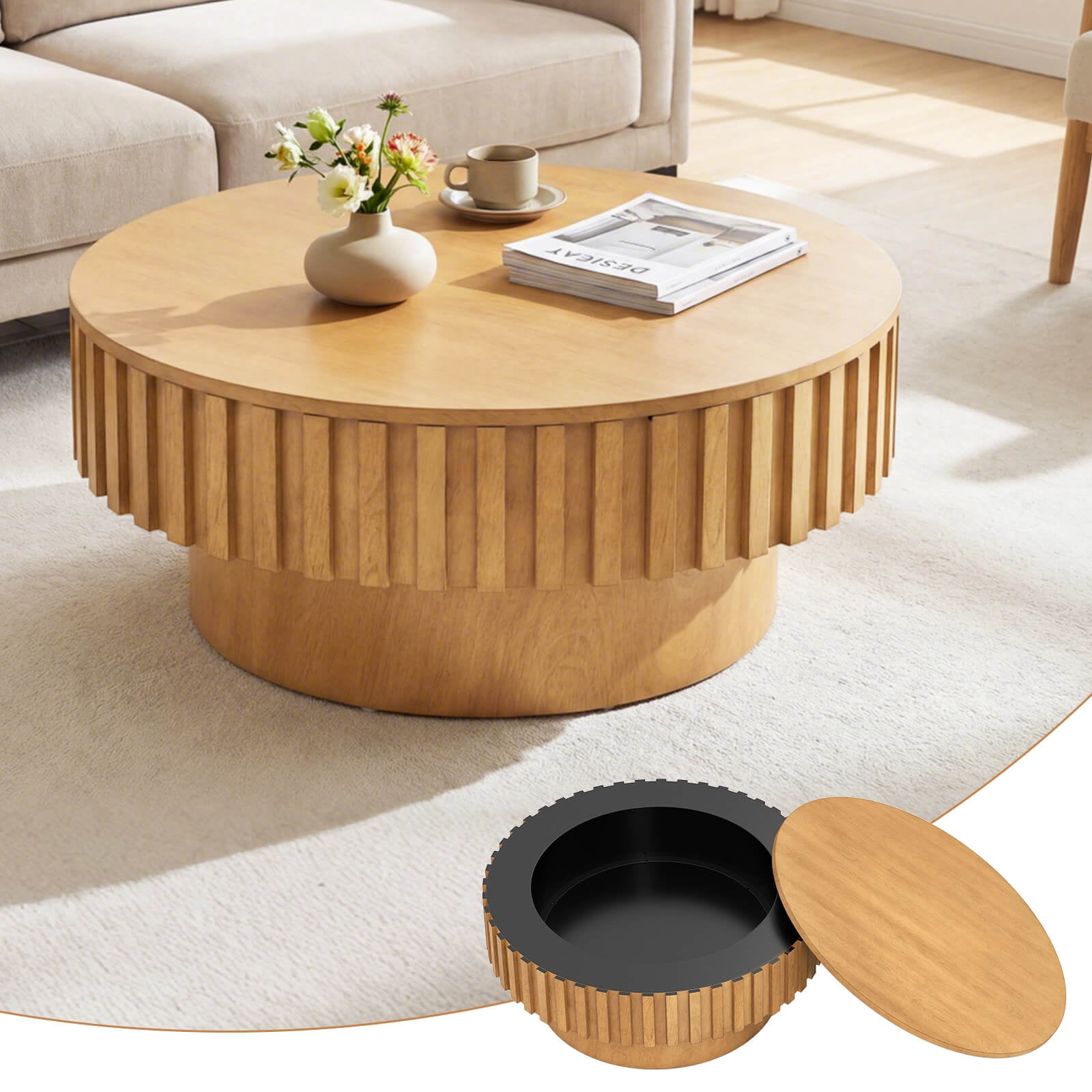 Costway Round Coffee Table with Storage, Wooden Drum Coffee Table with Hidden Compartment Natural