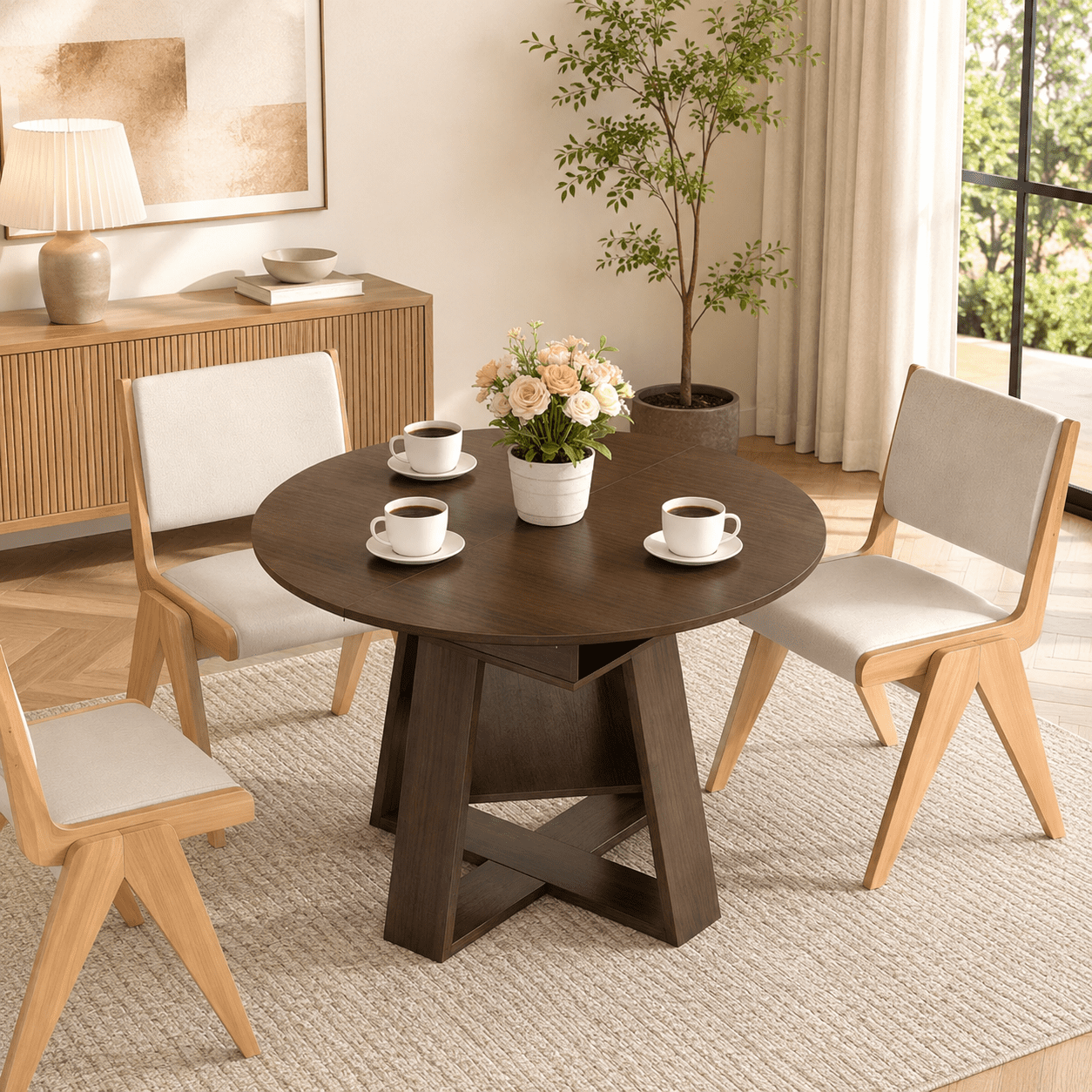 Gewnee 43.3‑59" Expandable Dining Table, MDF Construction with 2 Leaves, Cross‑Shaped Base & Open Storage Shelf, Seats 4‑6, Space‑Saving for Kitchen & Small Spaces, Walnut
