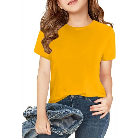 2 Pc Solid Color Tees for Kids, Boys Girls Cotton T Shirts, Child Crew Neck Tops Summer Short Sleeve Tees for Teens Yellow 4Y