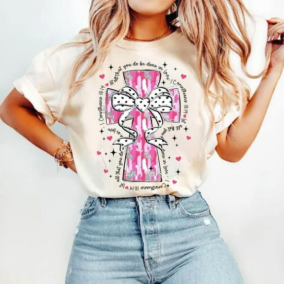 Bible Verse Shirt, Let All That You Do Be Done in Love, Pink Brushstroke Cross Valentine Jesus Tee, Faith-Based Christian Shirt