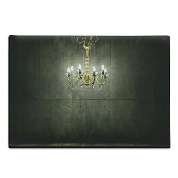 Grunge Cutting Board, Classic Chandelier in a Dark Gothic Wooden Room Vintage Style Room Picture, Decorative Tempered Glass Cutting and Serving Board, Large Size, Grey and Yellow, by Ambesonne