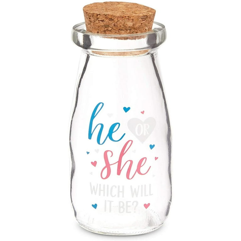 Sparkle and Bash 12 Pack He or She Milk Jars for Gender Reveal Party  Favors, 4 Oz Glass Bottles with Cork Lids for Baby Shower Decorations (4 In)