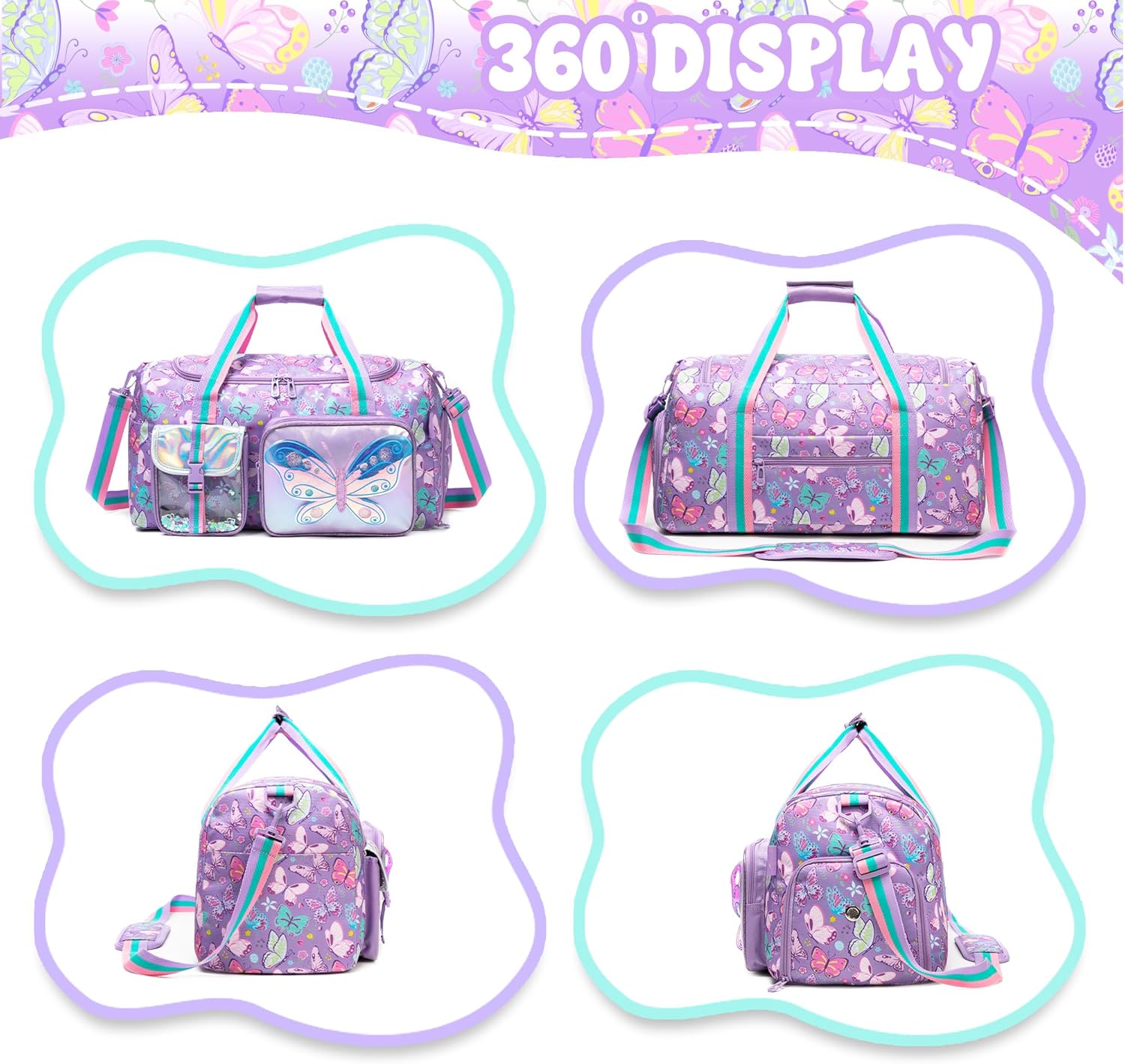 Kids Carry on Luggage Sets for Girls Hard Shell Suitcases with Wheels Hardshell Suitcase with Duffle Bag for Travel Neck Pillow Airplane Butterfly