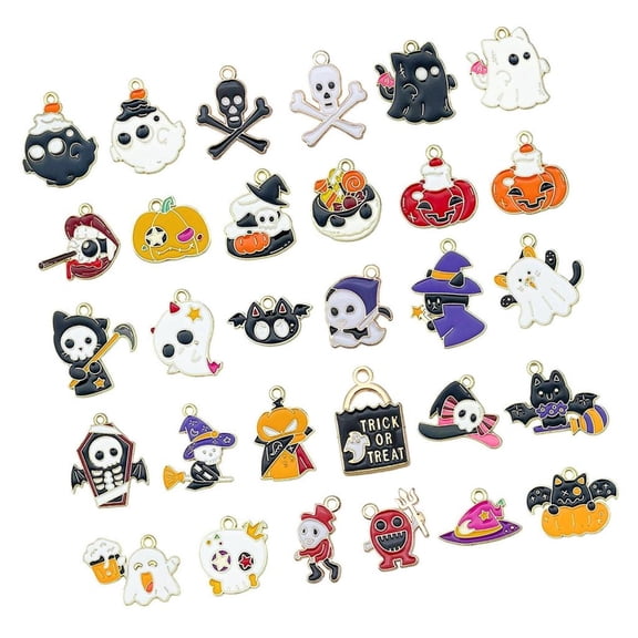 Halloween Charms for Jewelry Making, 30 Assorted Designs with Pumpkins, Skulls, Witches, Bats, Witch Hats, and Top Rings for DIY Accessories