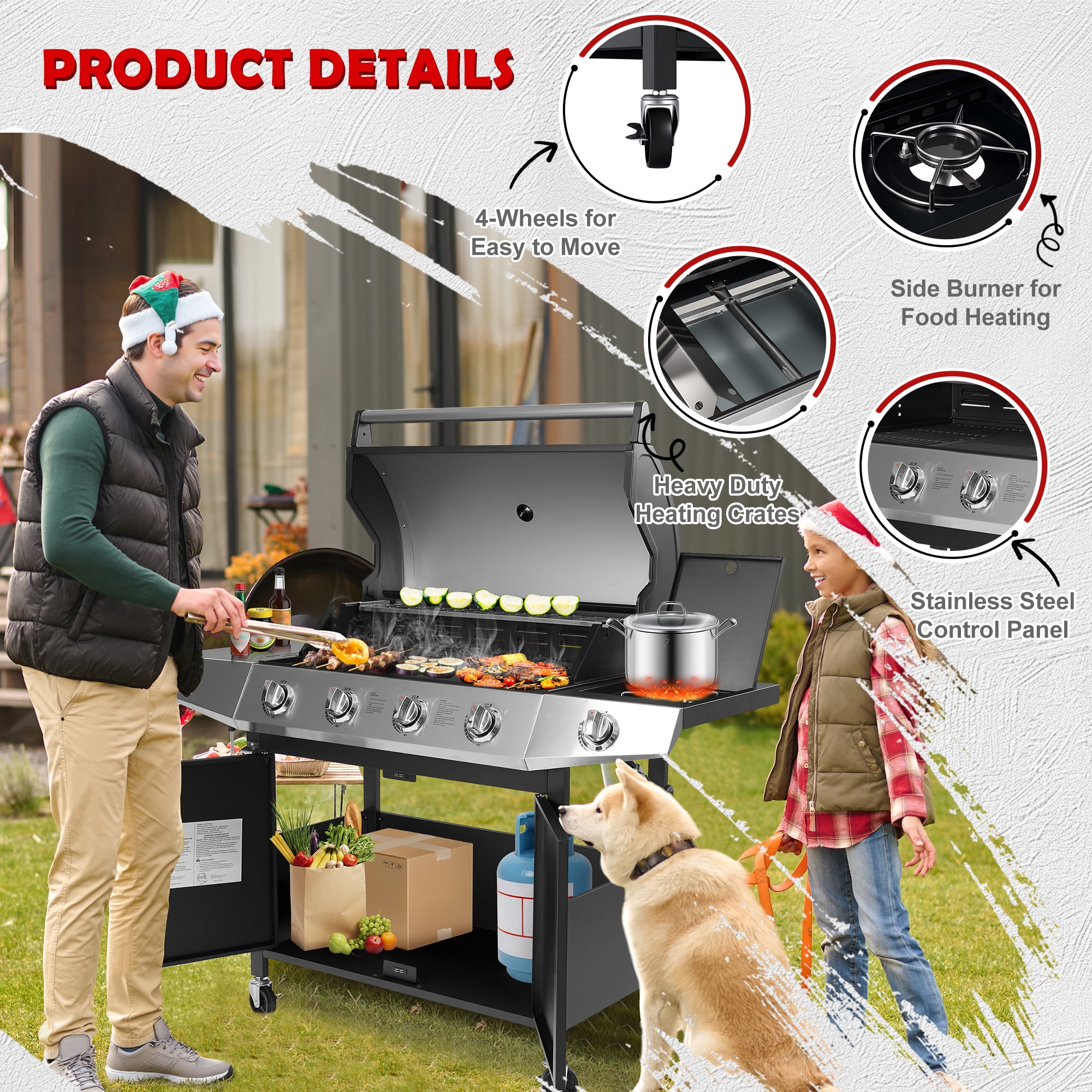 50000 BTU Gas Grills, SYNAGR Propane Grill with 566 sq.in Cooking Area, 5-Burner Stainless Steel BBQ Grill with Side Burner and Thermometer for Outdoor Party, Camping