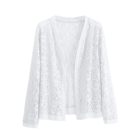 yardsong Lace Cardigan for Women 2025 Plus Size Open Front 3/4 Sleeve Cover Up Casual Loose Summer Dressy Flower Crochet Shrug Tops White,XL