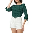 thumbnail image 6 of MODA NOVA Junior's Ruffled Neck Half Sleeve Polka Dots Blouse Tops Green L, 6 of 6