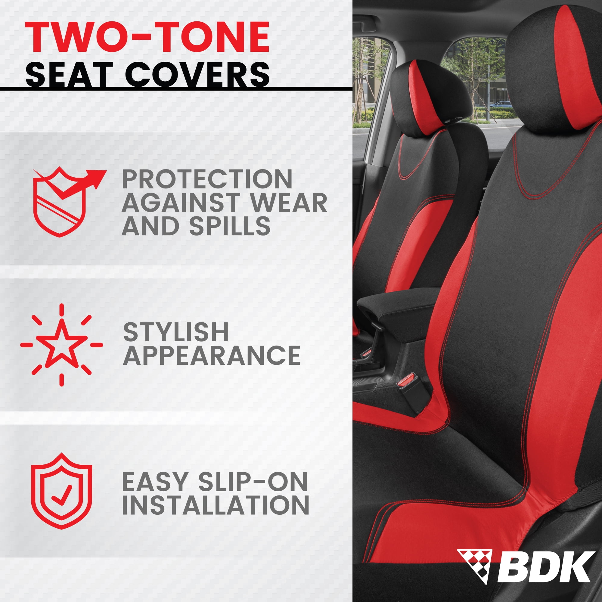 BDK Red Car Seat Covers with Matching Carpet Floor Mats for Cars Full Set - Front Universal Seat Covers & Back Bench Seat Cover with Automotive Floor Mats - Car, SUV, Truck, & Van Interior Protector