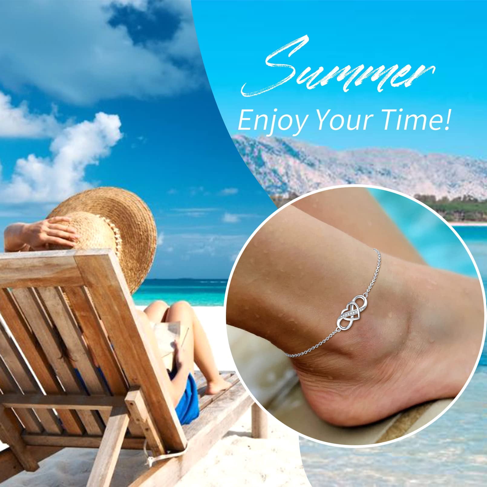 ChicSilver Sterling Silver Anklet Bracelet Women Heart Infinity Ankle Chain Charming Foot Jewelry for Summer Beach Party