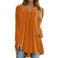 thumbnail image 3 of DDAPJ pyju Women's Long Sleeve Velvet Henley Shirt Pleated 1/4 Button Crewneck Pullover Fall Spring Flowly Dressy Cocktail Shirt Orange XXL, 3 of 6