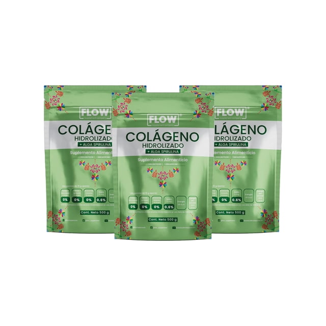 Suplemento FLOW - 3 PACK de Colágeno Hidrolizado con Alga Espirulina de 500 gr (1.5 kg total)