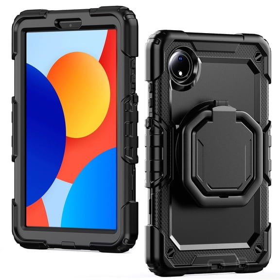 Case for Xiaomi Redmi Pad SE 8.7 inch 2024, 360 Rotating Stand Handle Shoulder Strap Heavy Duty Shockproof Cover, Black