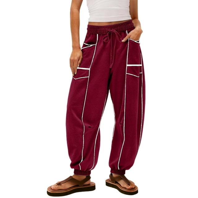 JGGSPWM Women High Waisted Wide Leg Lounge Pants Sweatpants Drawstring Waist Contrast Patchwork Pants with Pockets Red M