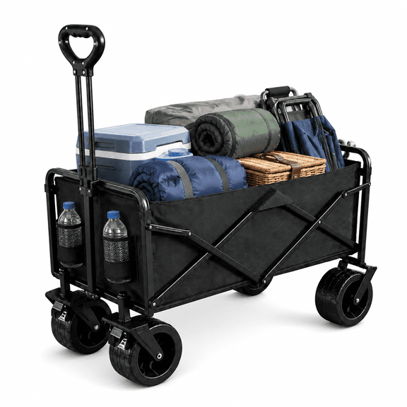 Susuzi Collapsible Wagon Cart, 465 lbs Heavy Duty Folding Utility Wagon with 8-Inch All-Terrain Wheels, Foot Brake and Adjustable Handle for Camping, Beach, Grocery and Garden, Black