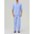 thumbnail image 3 of FOCUSNORM Men's Summer Outfits Solid Color V-Neck Half Sleeve Tops with Drawstring Long Pants Cotton Linen Set, 3 of 9