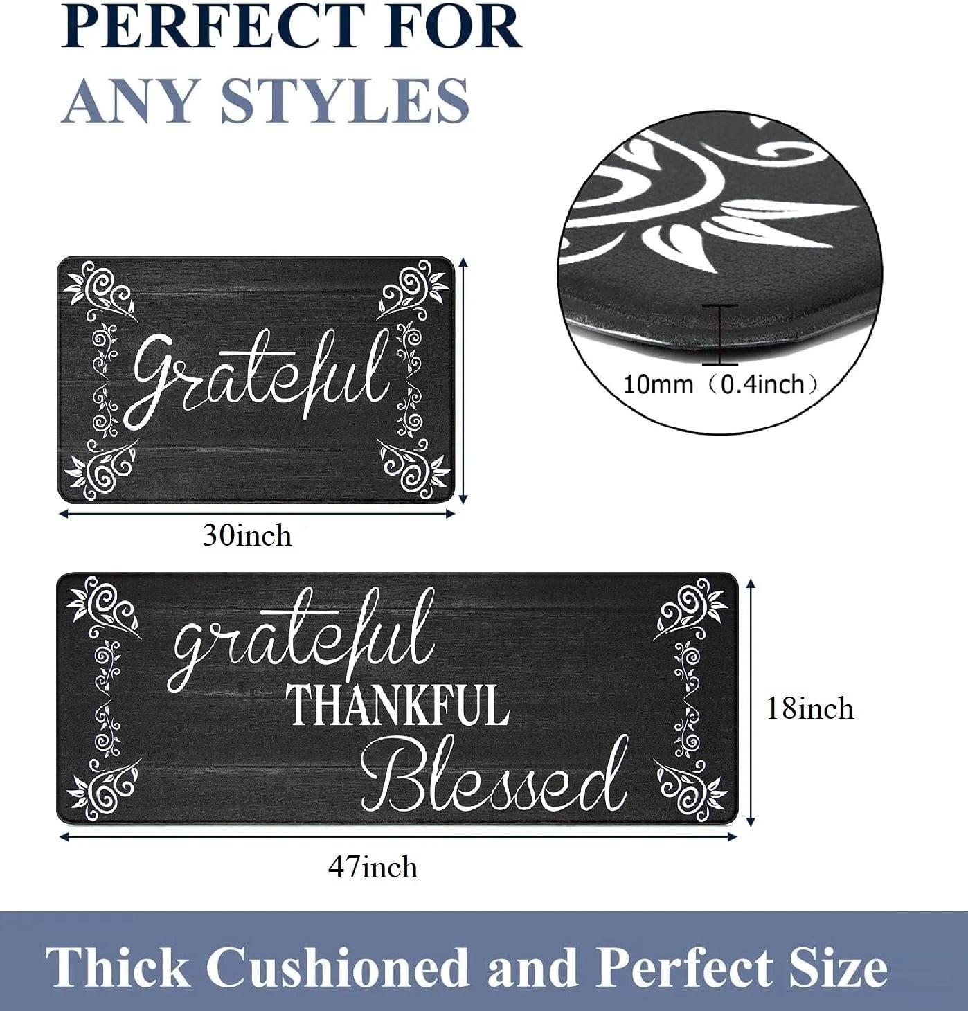 Findosom 2pcs Black Kitchen Rug Set,18"x30"+18"x47" Non-slip Anti-Fatigue Kitchen Mats Farmhouse Waterproof Kitchen Runner,Ergonomic Comfort Cushioned Standing Mat for Floor,Home,Office,Sink,Laundry