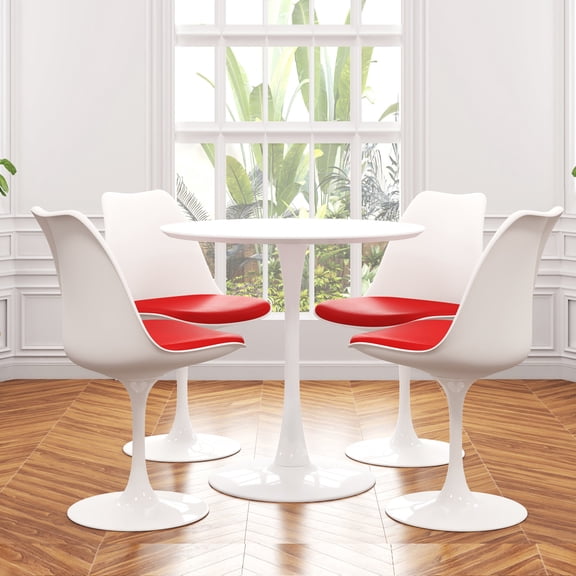 Modholic Tulip 36" Wood Top Dining Table & Set Of 4 Chairs, Red